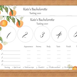 Angepasste Sommer-Weinprobe-Kit-Platzdeckchen-Scorekarte, Blind-Weinprobe, oranges Design, Bachelorette-Weinproben, digitales PDF