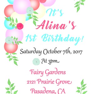 Balloon Party, Balloon Party Invitation, baby girls balloon party, Pink and Blue balloon, First birthday invitation, First Birthday balloon image 9