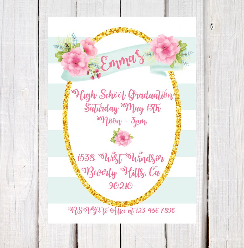 floral and stripe graduation invitation, 8th grade graduation invitation, High school graduation Invitation, College graduation invitation image 5