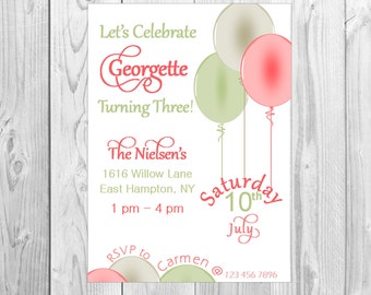 Vintage Balloon Invitation, Balloon birthday decor, Pastel balloons, pink and green invitations, Balloon birthday decor, Watercolor balloon