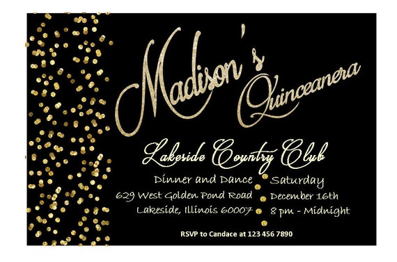 Quinceanera Invitation, Sweet sixteen invitation, quince invitation, sweet 16, mis quince invitation, printable, Birthday, Black and Gold Il_570xn