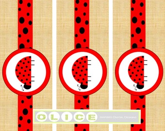 Lady bug Water bottle labels, Lady bug party, Polka Dots, Red and Black, Burlap Background Digital design PDF download.