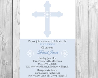 May include: A light blue baptism invitation with a white cross and the text "Please join us as we celebrate the BAPTISM of our son David Jacob". The invitation includes the date, time, and location of the baptism ceremony and reception.