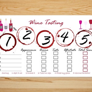 Pu&ograve; includere: Una scheda di degustazione del vino bianco con cinque anelli di bicchiere di vino rosso, numerati da 1 a 5. La scheda di punteggio ha colonne per l'aspetto, l'aroma, il gusto, il retrogusto e il punteggio totale. Ogni colonna ha cinque caselle da spuntare. La parte inferiore della scheda di punteggio ha una chiave di punteggio con cinque opzioni: 1-Sputare, 2-Bere, 3-Prendere due sorsi, 4-Riempire il mio bicchiere, 5-Dammi la bottiglia!