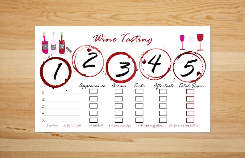 Pu&ograve; includere: Una scheda di degustazione del vino bianco con cinque anelli di bicchiere di vino rosso, numerati da 1 a 5. La scheda di punteggio ha colonne per l'aspetto, l'aroma, il gusto, il retrogusto e il punteggio totale. Ogni colonna ha cinque caselle da spuntare. La parte inferiore della scheda di punteggio ha una chiave di punteggio con cinque opzioni: 1-Sputare, 2-Bere, 3-Prendere due sorsi, 4-Riempire il mio bicchiere, 5-Dammi la bottiglia!