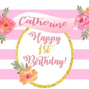 Bambino primo compleanno tovaglietta, rosa e oro striscia 1 ° festa di compleanno arredamento tovaglietta, striscia personalizzata Tovaglietta di carta stampabile con nome