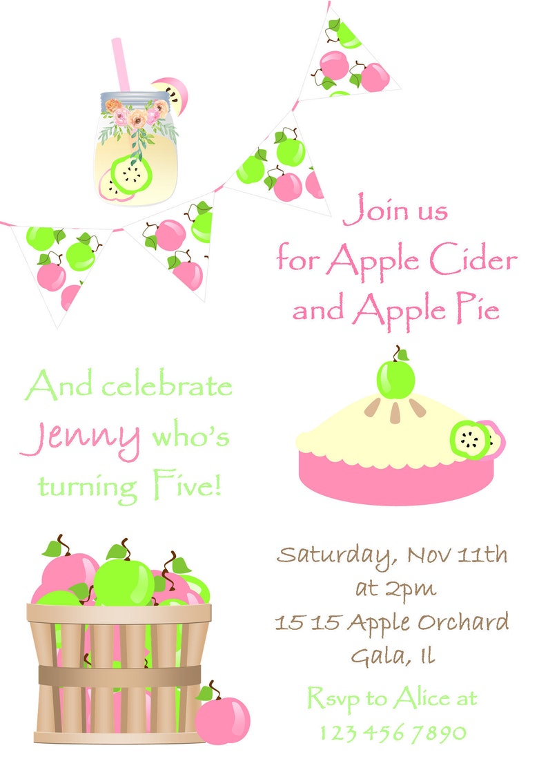 Apple birthday invitation, Apple pie invitation, Apple of my eye, Apple CIder party invitation, Turning five invitation, Pink and Green image 4