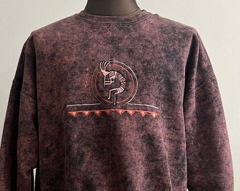 Vintage Kokopelli Sweatshirt Orange and Black Bleach Dye 90s