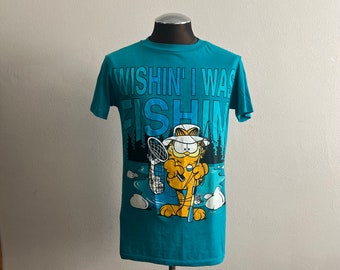 Garfield Jim Davis Wishin I Was Fishin T Shirt Sun Brand Made in USA size medium 90’s