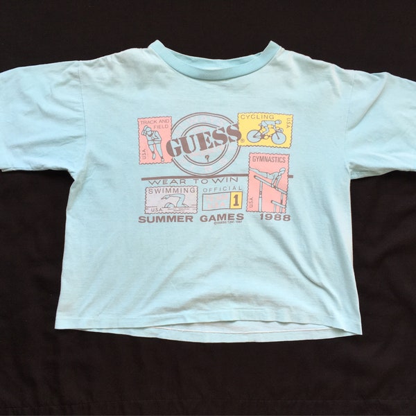 Guess USA Wear To Win Summer Games 1988 Sky Blue Pastel Crop Top T Shirt One Size Fits All
