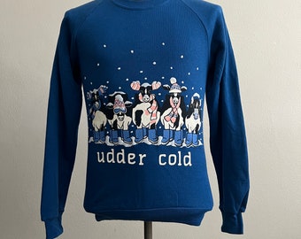 Udder Cold Cow Winter Snow Sweatshirt 90s Blue Jerzees Size Small Made in USA