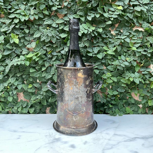 Silver Plated Champagne Bucket w. Crest - Vintage Ice Bucket w. Coat of Arms - Wine Cooler - Champagne Chiller - Utensil Holder - Barware