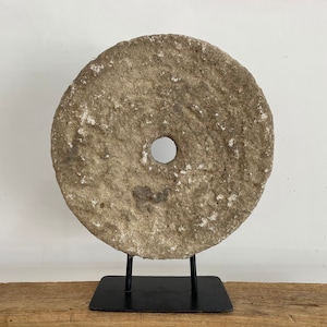 Large Vintage Millstone on Stand Vintage Stone Wheel on Pedestal Primitive Grinding Stone Stone Wheel Sculpture Antique Wheel image 1