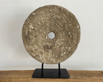 Large Vintage Millstone on Stand - Vintage Stone Wheel on Pedestal - Primitive Grinding Stone - Stone Wheel Sculpture - Antique Wheel