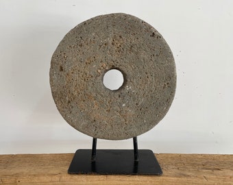 Large Vintage Millstone on Stand - Vintage Stone Wheel on Pedestal - Primitive Grinding Stone - Stone Wheel Sculpture - Antique Wheel