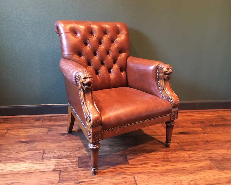 Antique Leather Chesterfield Chair With Lion Head Arms Maitland Smith Vintage Club Nailhead Accent