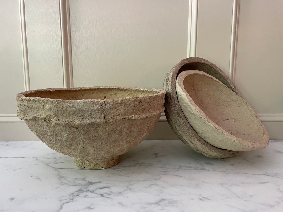 Large Vintage Paper Mache Bowl 14.25 Diameter Rustic Bowl Handcrafted