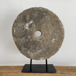 Large Vintage Millstone on Stand Vintage Stone Wheel on Pedestal Primitive Grinding Stone Stone Wheel Sculpture Antique Wheel image 7