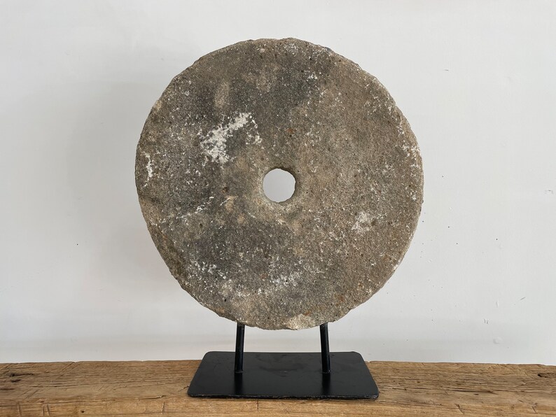 Large Vintage Millstone on Stand Vintage Stone Wheel on Pedestal Primitive Grinding Stone Stone Wheel Sculpture Antique Wheel image 7