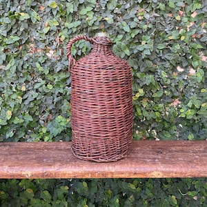 Vintage Wicker Demijohn 15&quot; Tall - French Demijohn Wrapped in Wicker - Vintage French Wine Bottle