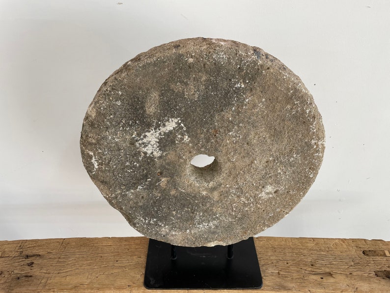 Large Vintage Millstone on Stand Vintage Stone Wheel on Pedestal Primitive Grinding Stone Stone Wheel Sculpture Antique Wheel image 10