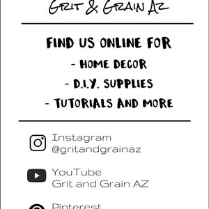 May include: White graphic with a beetle illustration and the text "GRIT & GRAIN AZ". The image includes social media icons for Instagram, YouTube, and Pinterest, along with the website address www.gritandgrainaz.com. The image promotes home decor, DIY supplies, and tutorials.