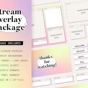May include: A set of colorful digital overlays for Twitch or YouTube streaming. The overlays include a "thanks for watching!" screen, a "subscribe" button, and a variety of other panels for donations, rules, and more.