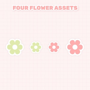 May include: Four flower stickers in different sizes. Two are light green with white centers and two are light pink with white centers.