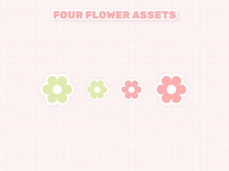 May include: Four flower stickers in different sizes. Two are light green with white centers and two are light pink with white centers.