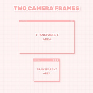 May include: Two pink camera frames with a grid background. The top frame says "NOW PLAYING" and the bottom frame says "LIVE NOW". Both frames have the text "TRANSPARENT AREA" inside.
