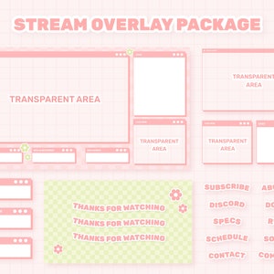 May include: A pink and green stream overlay package with a checkered background. The overlay includes a main screen, a chat window, a follower count, a subscriber count, a donation count, and a thank you message. The text on the overlay includes "STREAM OVERLAY PACKAGE", "TRANSPARENT AREA", "THANKS FOR WATCHING", "SUBSCRIBE", "ABOUT ME", "DISCORD", "DONATE", "SPECS", "RULES", "SCHEDULE", "SOCIALS", "CONTACT", "COMMANDS", "NEW FOLLOWER", "NEW SUBSCRIBER", "NEW DONOR".