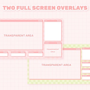May include: Two pink and green computer screen overlays with transparent areas. The overlays are designed to be used as a template for streaming or video calls.