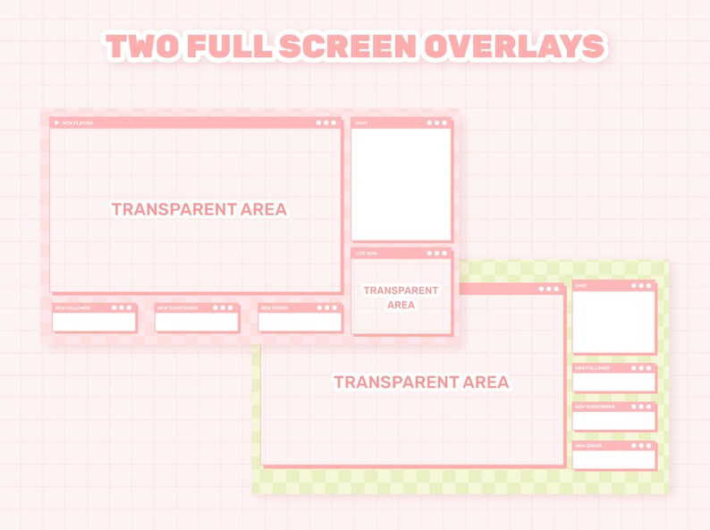May include: Two pink and green computer screen overlays with transparent areas. The overlays are designed to be used as a template for streaming or video calls.