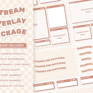 Beige and Brown Stream Overlay Package for Twitch, Cute Windows Theme Overlay, Bear Aesthetic, Checkered Gingham Twitch Overlay Package