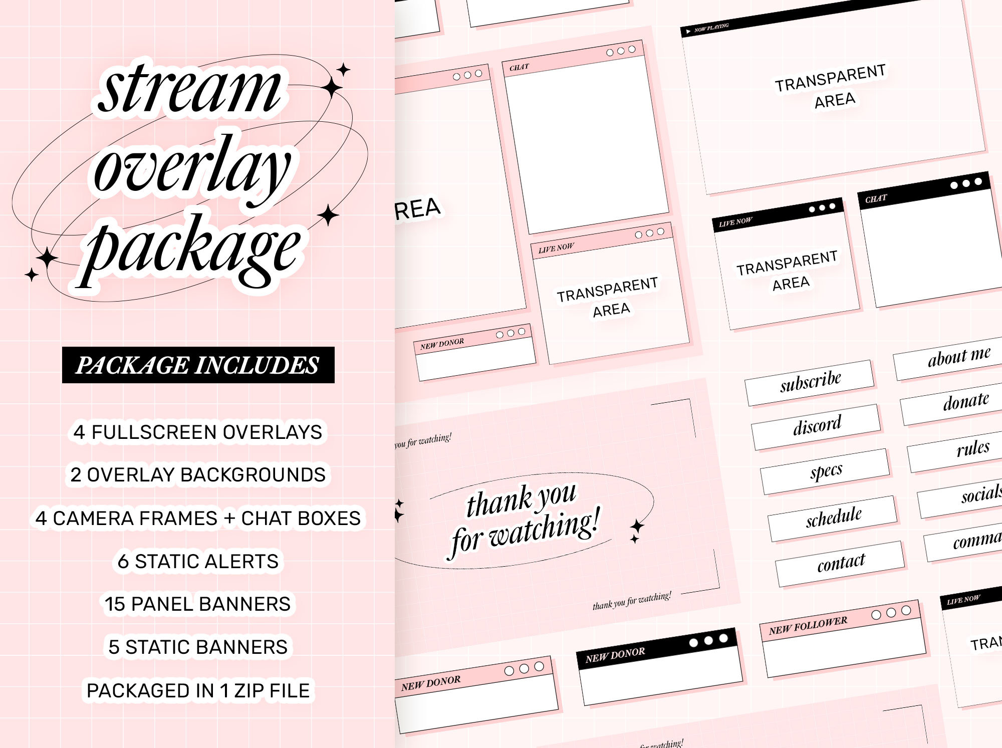 Pink and Black Stream Overlay Package for Twitch, Cute Windows Theme ...