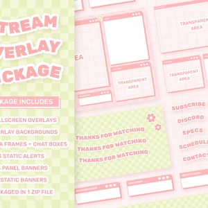 Pinkes und grünes Stream Overlay Paket für Twitch, niedliches Windows Theme Overlay, Frosch Ästhetik, kariertes Gingham Twitch Overlay Paket