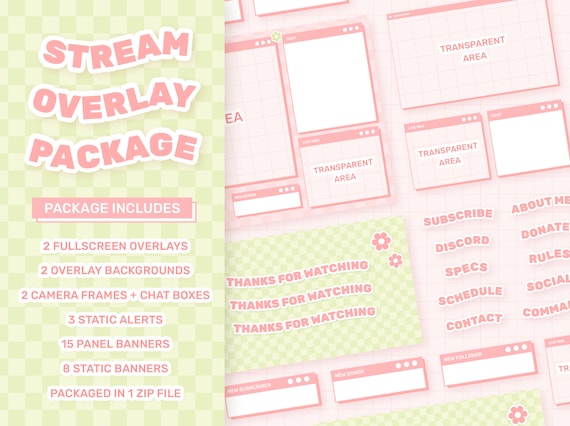 Pink and Green Stream Overlay Package for Twitch, Cute Windows Theme Overlay, Frog Aesthetic, Checkered Gingham Twitch Overlay Package