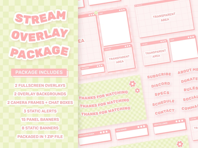 May include: A pink and green digital overlay package for Twitch or YouTube streamers. The package includes 2 fullscreen overlays, 2 overlay backgrounds, 2 camera frames, 3 static alerts, 15 panel banners, 8 static banners, and is packaged in 1 zip file.