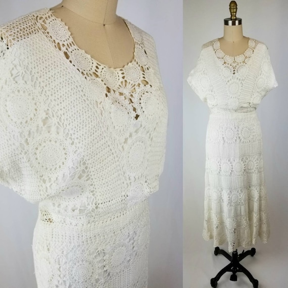 White Crochet 70's Wedding Dress