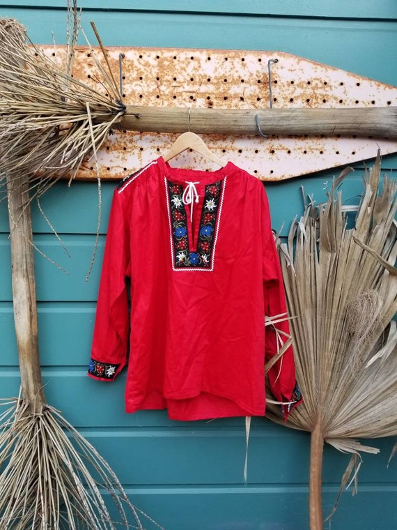 Vintage Circa 70s Red Cotton Polish Folk Blouse /
