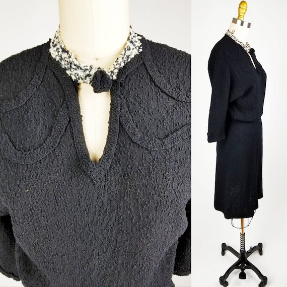 Vintage 40s Hand Knit Black Dress Small Medium