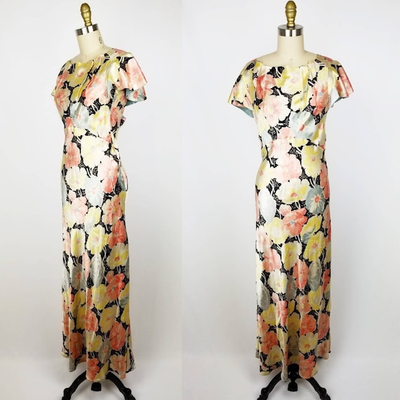 Vintage 30s 40s satin floral gown dress xs