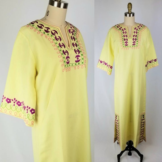 Vintage 70's Josefa Hand Embroidered Yellow Mexica