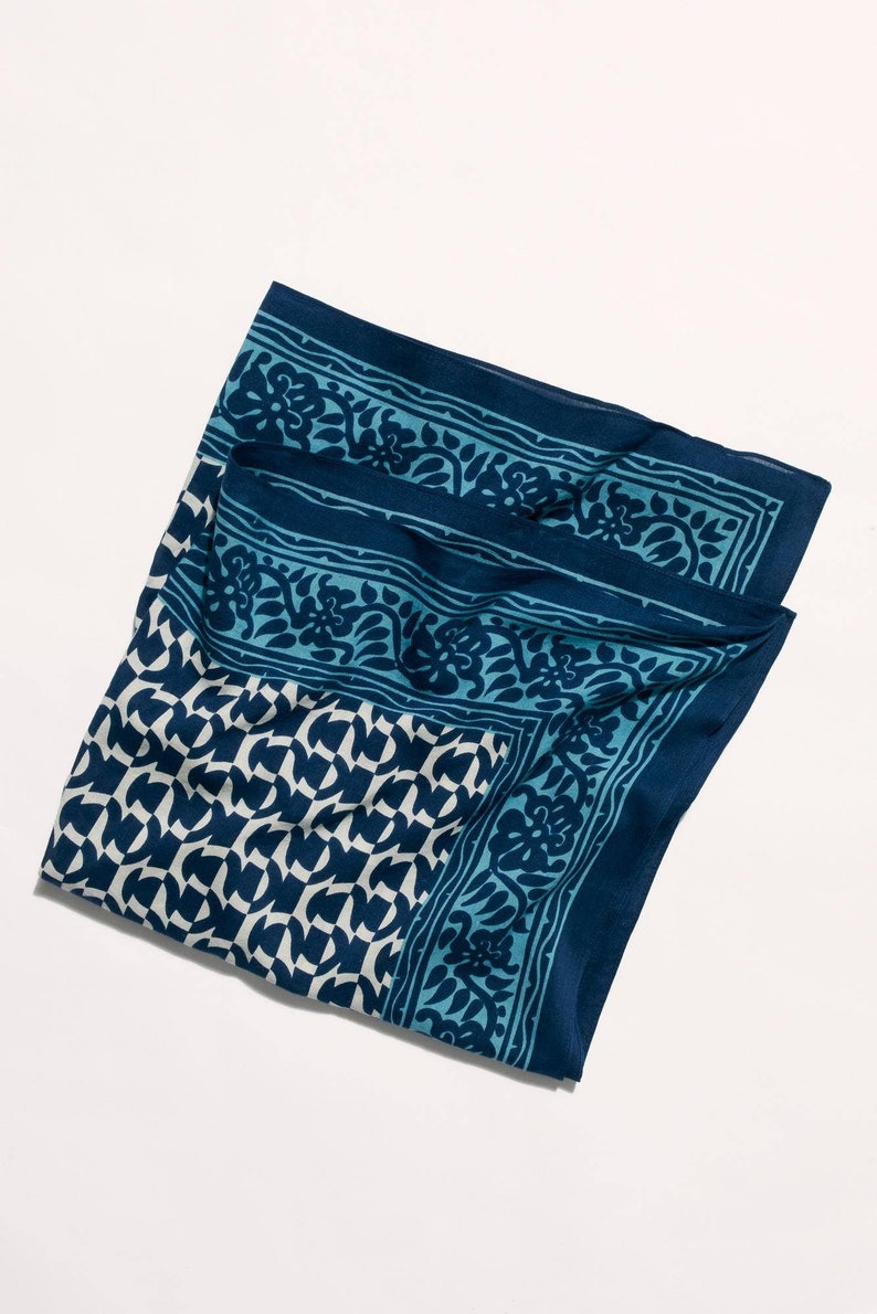 Women's 29 x 29 Oversized Handmade Square Head Scarf Bandana Top / Rayon Cotton / Block Print / Wedding Bridesmaid Gift Indigo