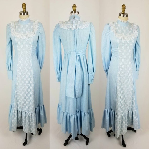 Vintage 70s powder blue cotton maxi dress