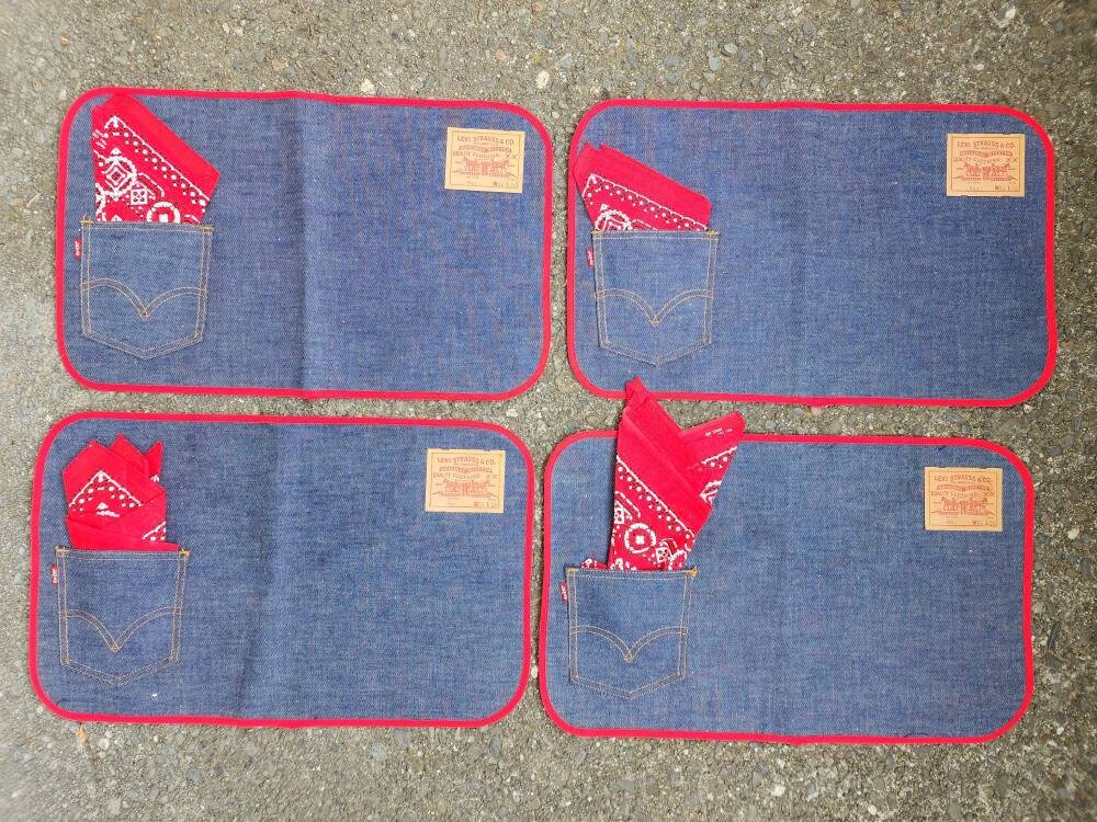 Vintage 70s Big E Levi's Denim 501 Placemat Set With Vintage 70s Big E Levi's Denim 501 Placemat Set With
