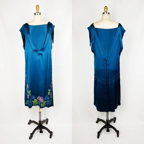 Vintage 20s/30s teal silk hand painted dress