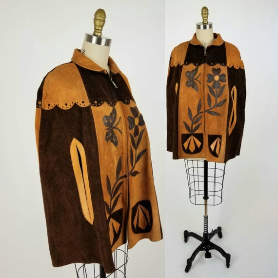 Vintage 70s Suede Patchwork Leather Poncho with Bu