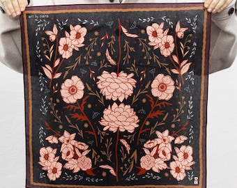 Meilleure vente / Bandana en coton 22 x 22 po. / Art par Ciara / fleurs cornouiller pivoine serpent papillon cerise fraise / cadeau de demoiselle d'honneur