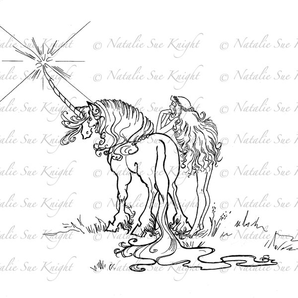 Grumpy Unicorn and Playful Sprite - "I don't do pony rides!" - Fantasy Coloring Page - Printable Download